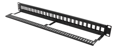 Deltaco 19" Patch panel, 1U, Keystone, 24 porter, uten kontakter, kabelstøtte, metall, svart