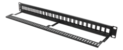 Deltaco 19" Patch panel, 1U, Keystone, 24 porter, uten kontakter, kabelstøtte, metall, svart