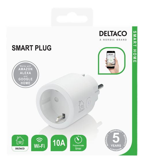 Deltaco Smart Home plugg, WiFi 2.4GHz, 1xCEE 7/3, 10A, timer, 220-240V, hvit