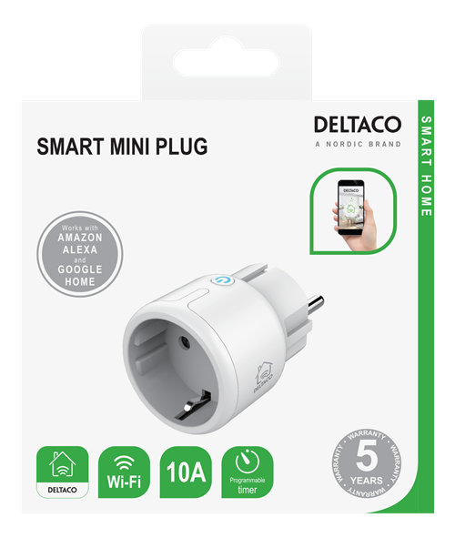 Deltaco Smart Home plugg, LED indikator, WiFi 2.4GHz, 1xCEE 7/3, 10A, timer, hvit