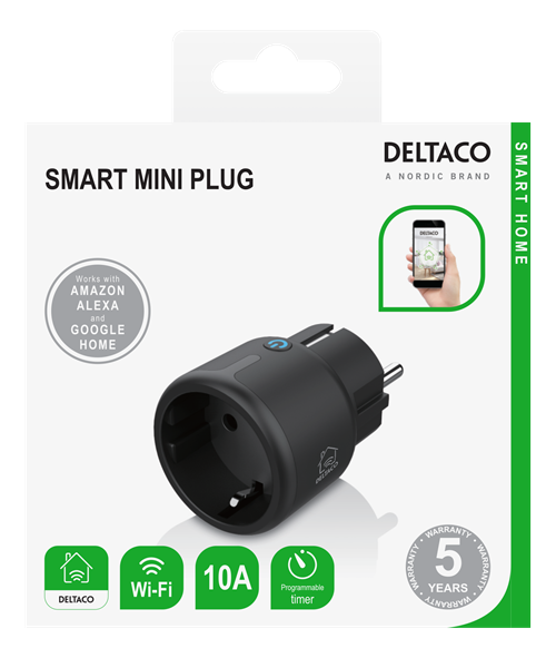Deltaco Smart Home plugg, LED indikator, WiFi 2.4GHz, 1xCEE 7/3, 10A, timer, svart