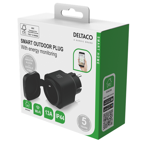 Deltaco Smart Home plugg, utendørs, IP44, WiFi 2.4GHz, 1x CEE 7/3, 13A, timer, svart