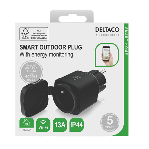 Deltaco Smart Home plugg, utendørs, IP44, WiFi 2.4GHz, 1x CEE 7/3, 13A, timer, svart