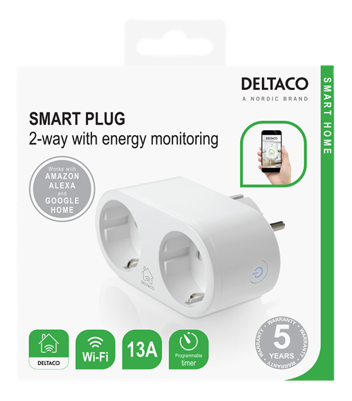 Deltaco Smart Home plugg, WiFi 2.4GHz, energiovervåking, 2xCEE 7/3, 13A, timer, hvit