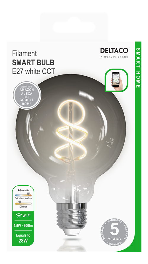 Deltaco Smart Home Spiral LED glødepære, E27, G95, WiFi 2.4GHz, 5.5W, 300lm, dimbar, 1800K-6500K, 220-240V, hvit