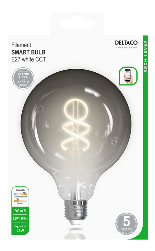 Deltaco Smart Home Spiral LED glødepære, E27, G125, WiFi 2.4GHz, 5.5W, 300lm, dimbar, 1800K-6500K, 220-240V, hvit