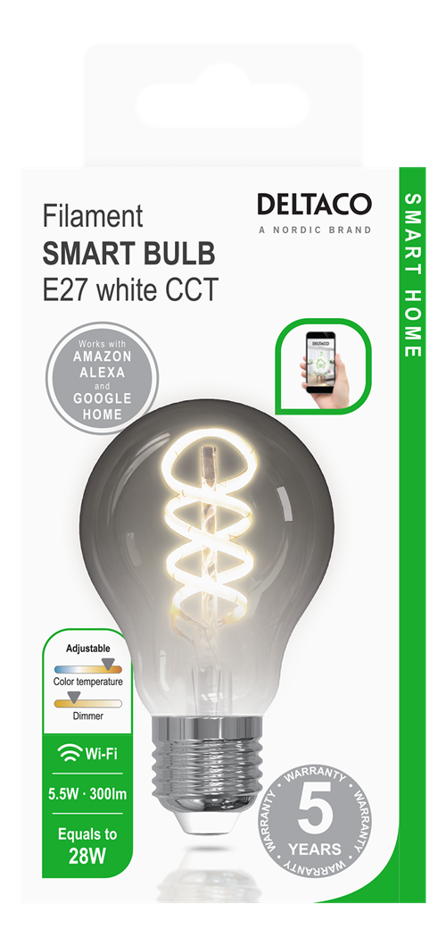 Deltaco Smart Home Spiral LED glødepære, E27, A60, WiFi 2.4GHz, 5.5W, 300lm, dimbar, 1800K-6500K, 220-240V, hvit