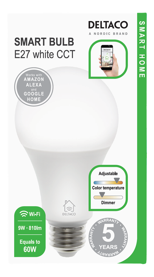 Deltaco Smart Home LED pære, E27, WiFi 2.4GHz, 9W, 810lm, dimbar, 2700K-6500K, 220-240V, hvit