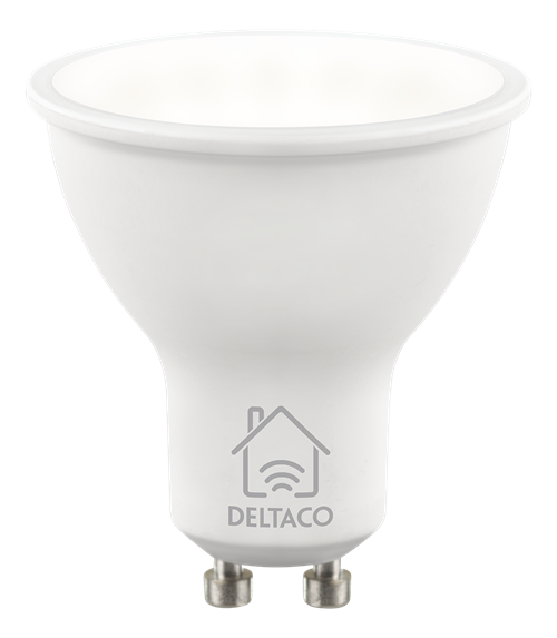 Deltaco Smart Home LED pære, GU10, WiFi 2.4GHz, 5W, 470lm, dimbar, 2700K-6500K, 220-240V, hvit