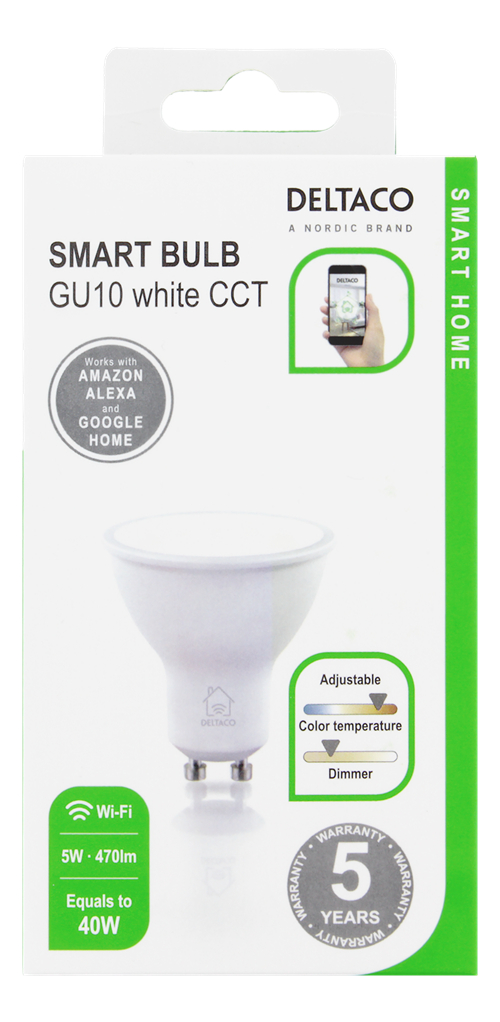 Deltaco Smart Home LED pære, GU10, WiFi 2.4GHz, 5W, 470lm, dimbar, 2700K-6500K, 220-240V, hvit