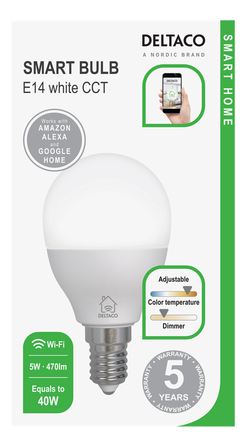 Deltaco Smart Home LED pære, E14, WiFi 2.4GHz, 5W, 470lm, dimbar, 2700K-6500K, 220-240V, hvit
