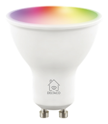 Deltaco Smart Home RGB LED pære, GU10, WiFi 2.4GHz, 5W, 470lm, dimbar, 2700K-6500K, 220-240V, hvit