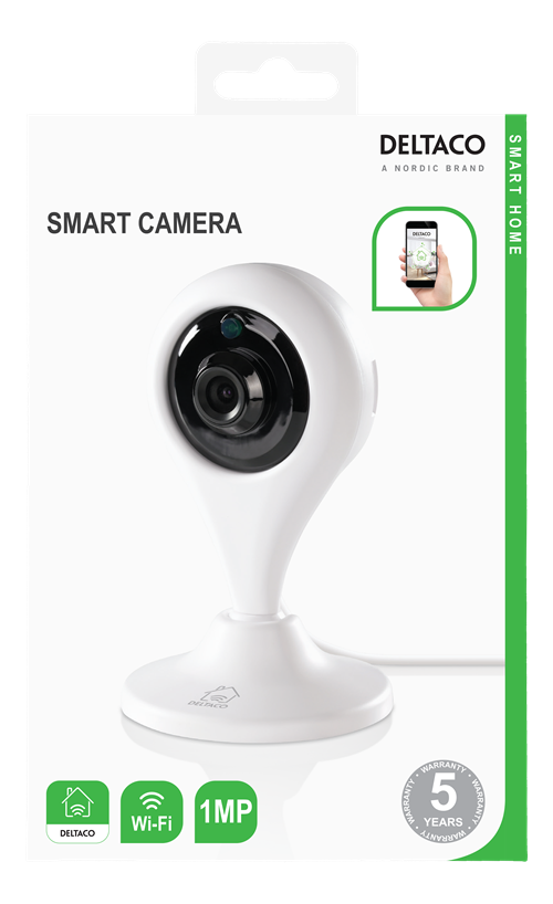 Deltaco Smart Home WiFi-kamera, 720p, WiFi 2.4GHz, IR 10m, 1/4" CMOS, microSD, hvit