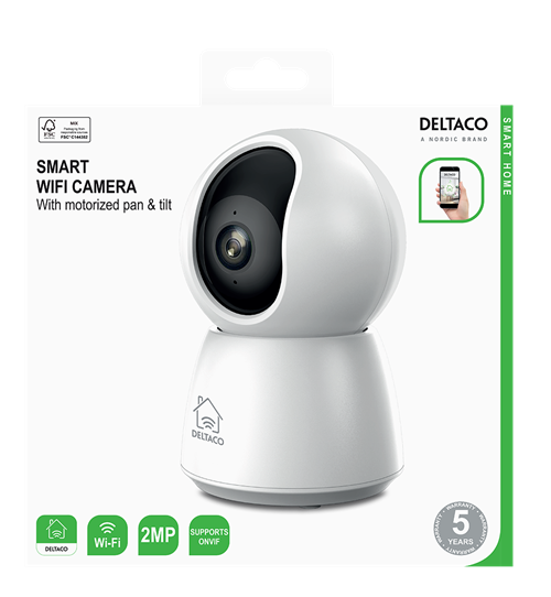 Deltaco Smart Home WiFi-kamera, 1080p, motorisert panorering og tilt, 2-veis lyd, 2MP, IR-nattsyn, ONVIF, hvit
