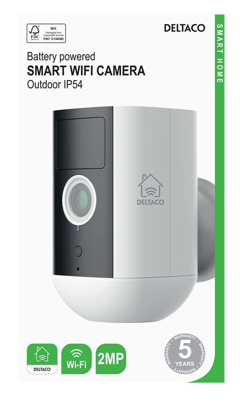 Deltaco Smart Home WiFi-kamera, 1080p, batteridrevet, utendørs bruk IP54, 2MP, hvit