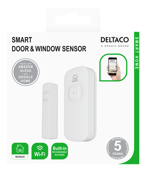 Deltaco Smart Home WiFi magnetisk dør- og vindussensor, hvit