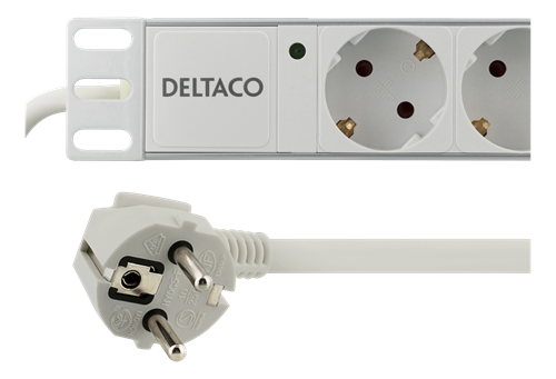 Deltaco 19" Kabelforgrener 1U med 8xCEE 7/4 uttak, 1xCEE 7/7 tilkobling, uten bryter, 2m kabel, hvit
