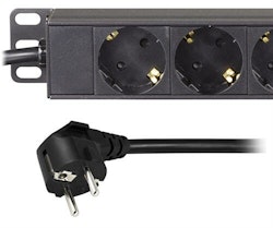 Deltaco Kabelforgrener 1U med 12xCEE 7/4 uttak, 1xCEE 7/7 tilkobling, uten bryter, 3m kabel, pirkebeskyttet, svart