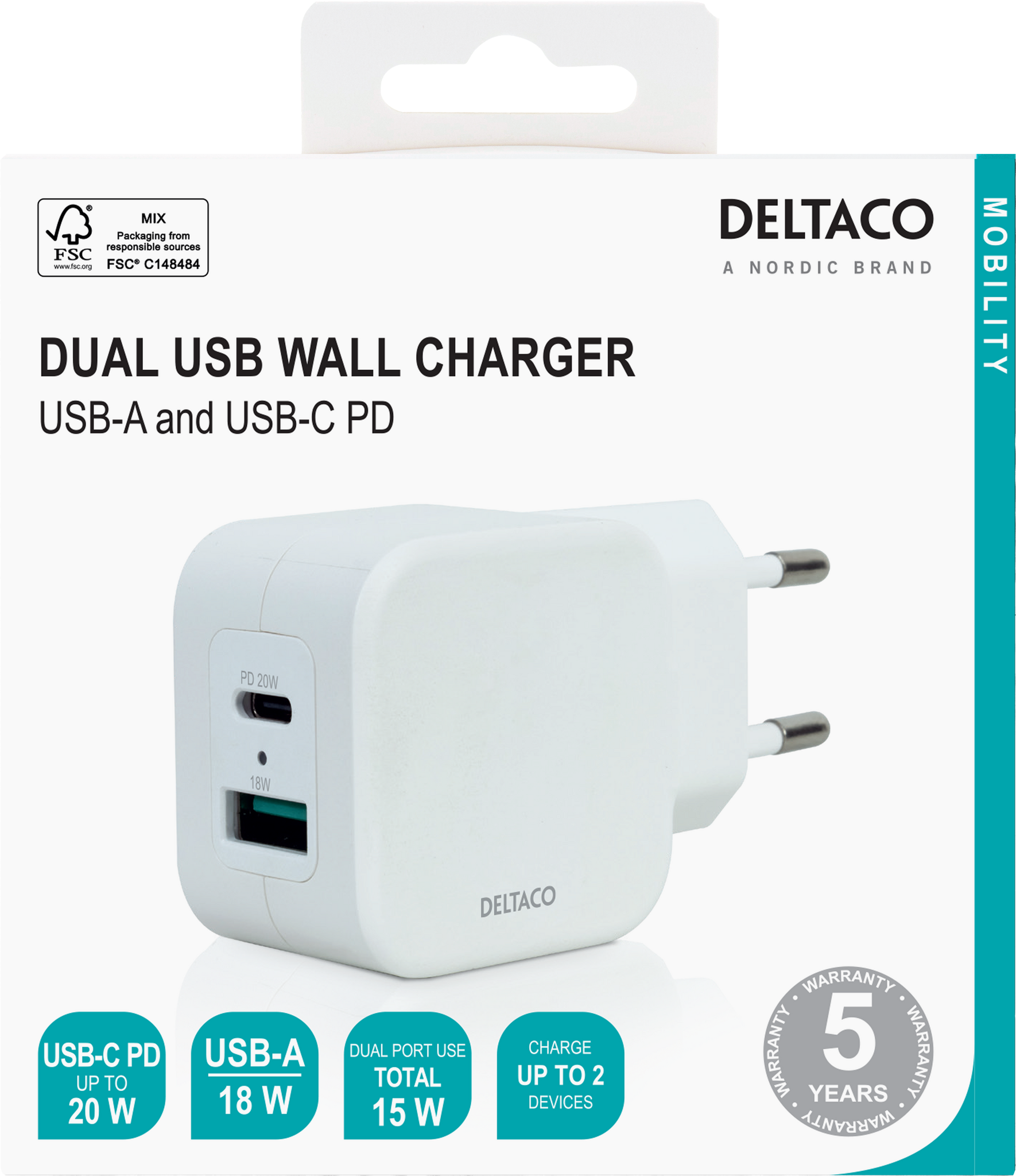 Deltaco Dual USB wall charger, USB-A & USB-C Power Delivery 20 W, white