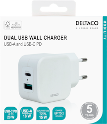 Deltaco Dual USB wall charger, USB-A & USB-C Power Delivery 20 W, white