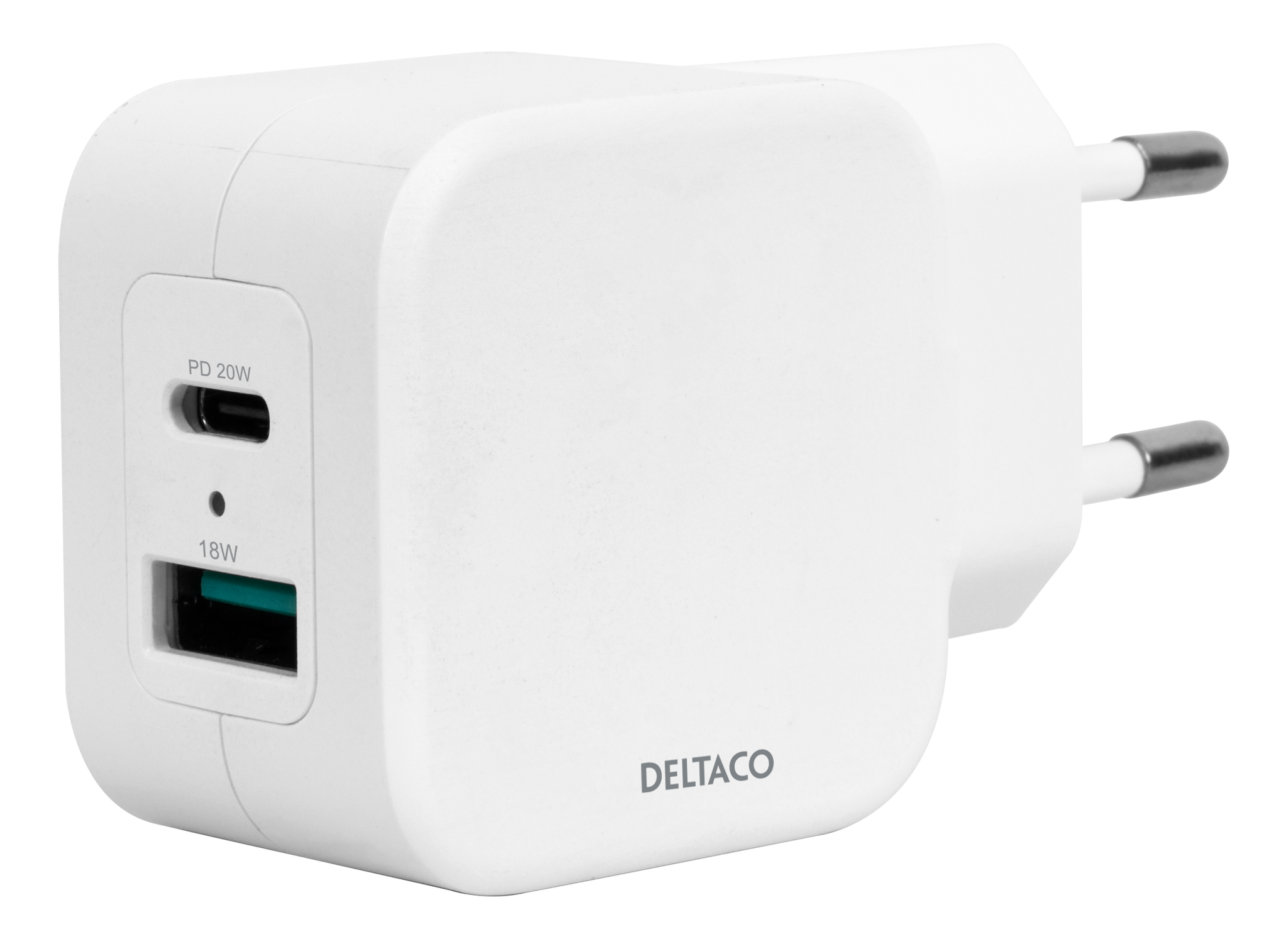 Deltaco Dual USB wall charger, USB-A & USB-C Power Delivery 20 W, white