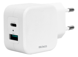Deltaco Dual USB wall charger, USB-A & USB-C Power Delivery 20 W, white
