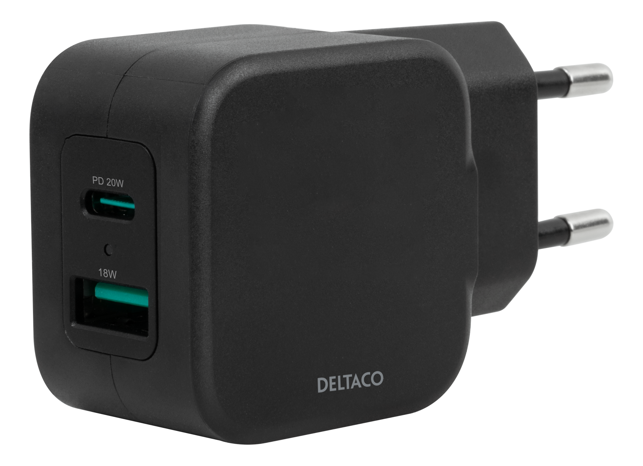 Deltaco Dual USB wall charger, USB-A & USB-C Power Delivery 20 W, black