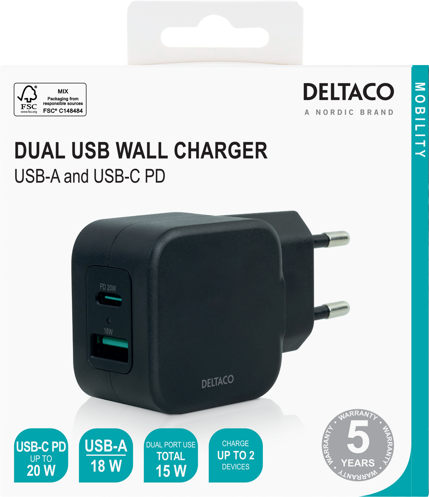 Deltaco Dual USB wall charger, USB-A & USB-C Power Delivery 20 W, black