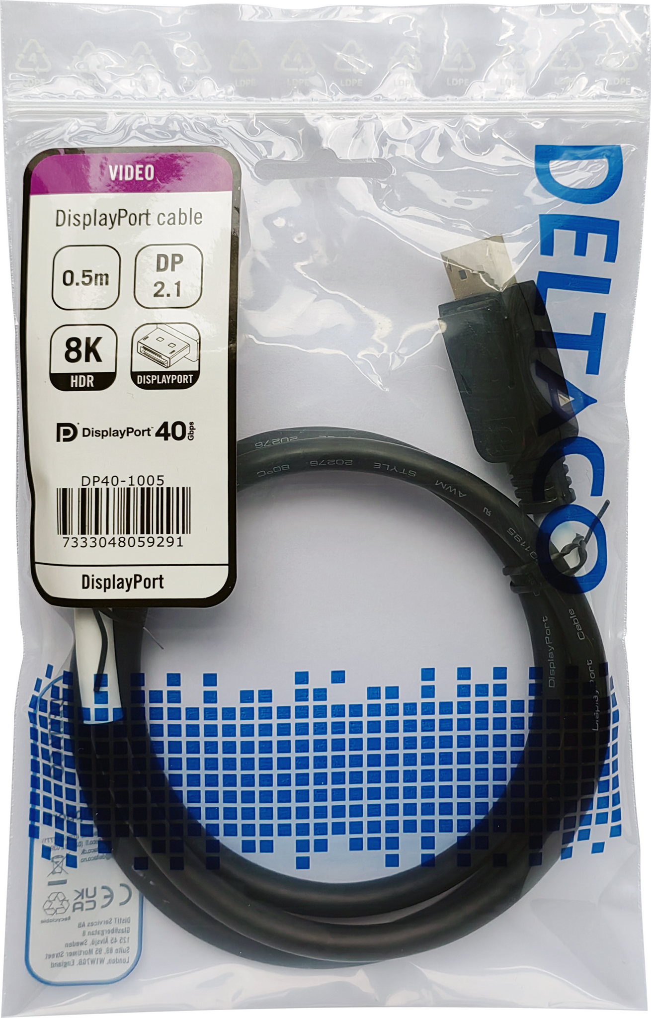Deltaco DisplayPort cable, DP 2.1, DP40, 0,5m