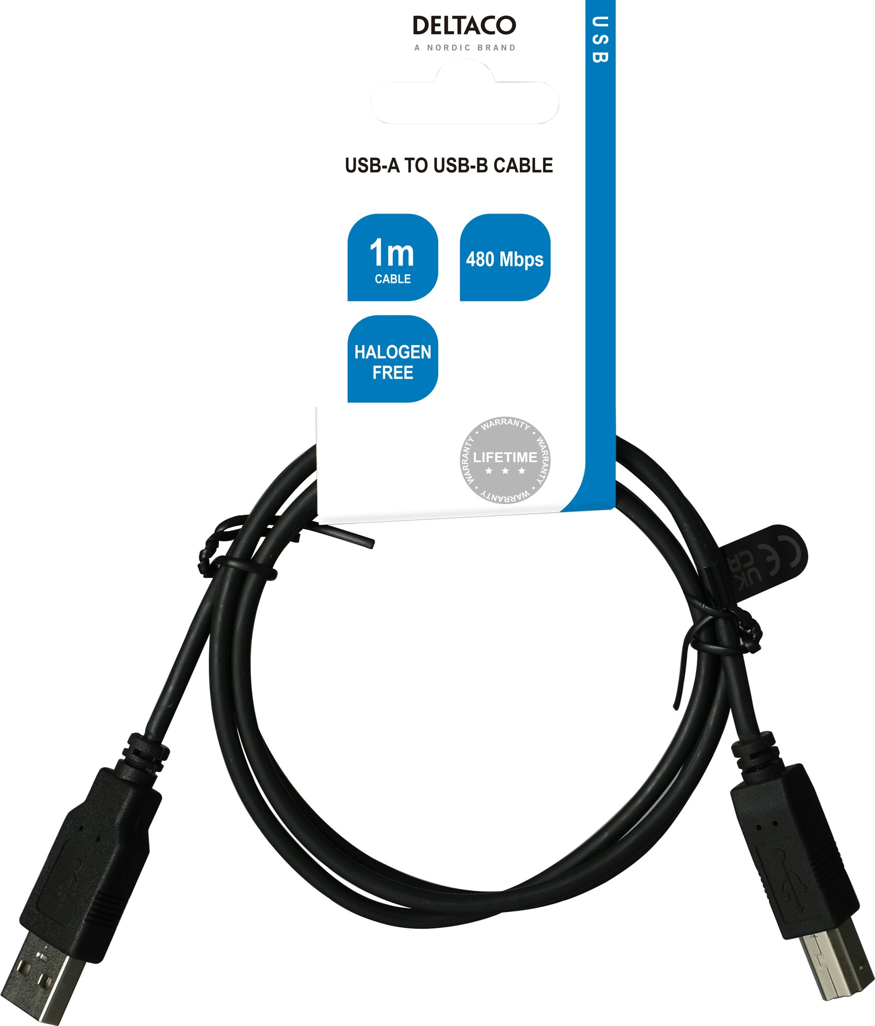 Deltaco USB 2.0 kabel USB-A han - USB-B han, LSZH, 1m, svart