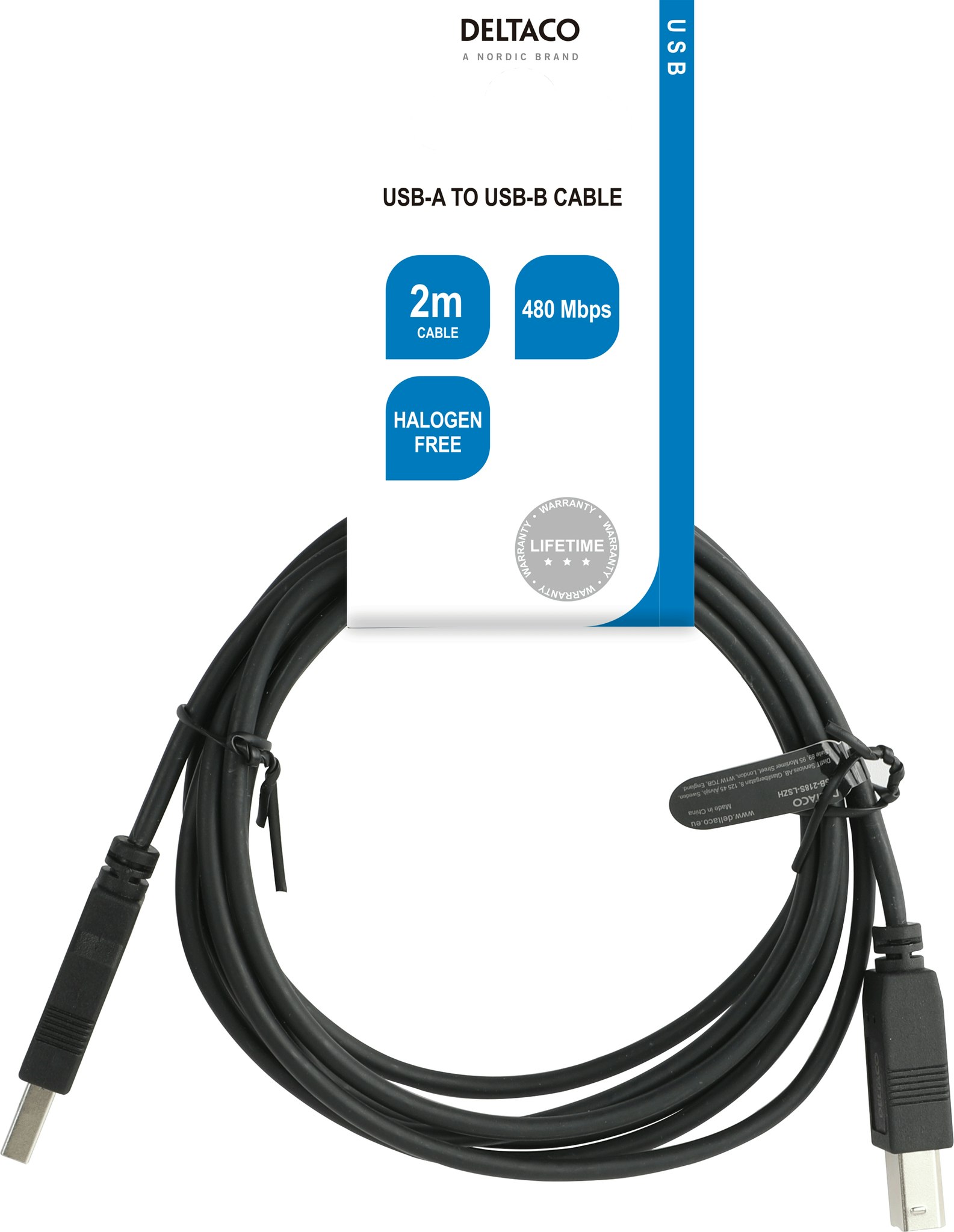 Deltaco USB 2.0 kabel USB-A han - USB-B han, LSZH, 2m, svart