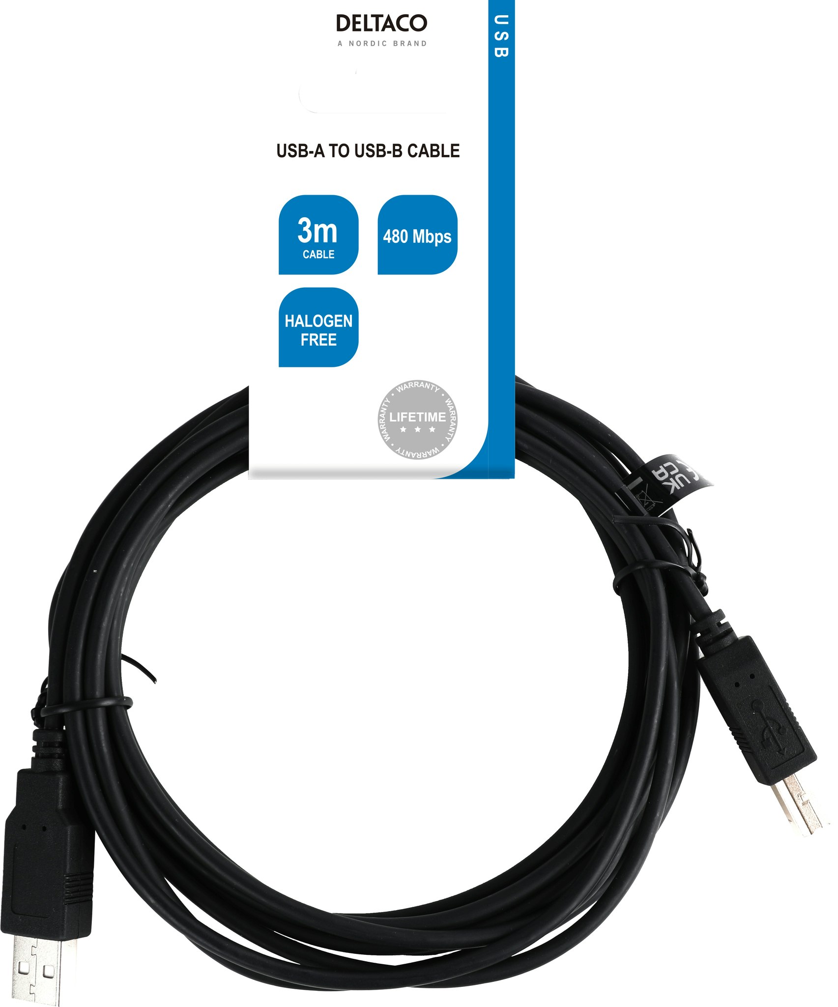 Deltaco USB 2.0 kabel USB-A han - USB-B han, LSZH, 3m, svart