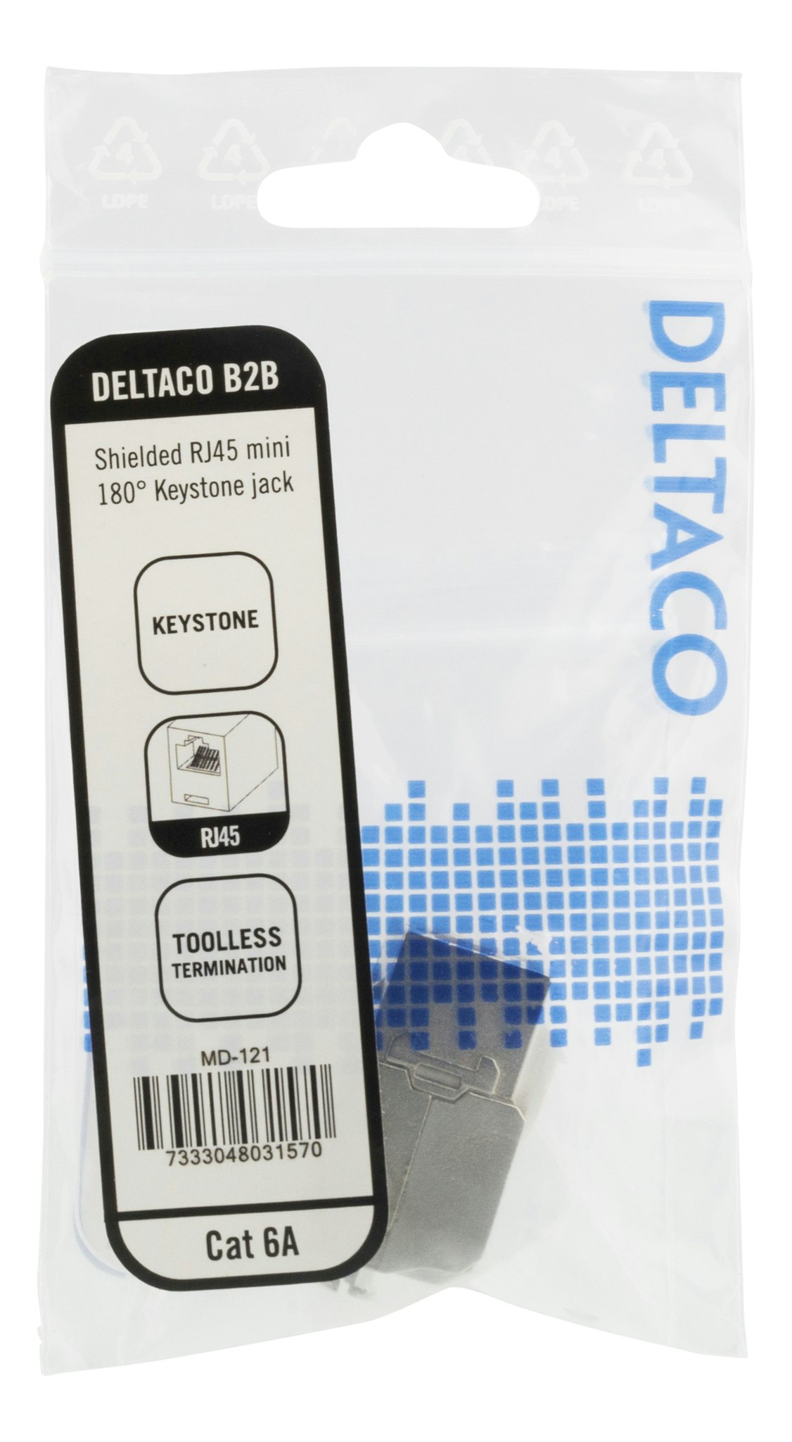 Deltaco Cat6A shielded Keystone jack, toolless clamp termination, plastic, white/metall