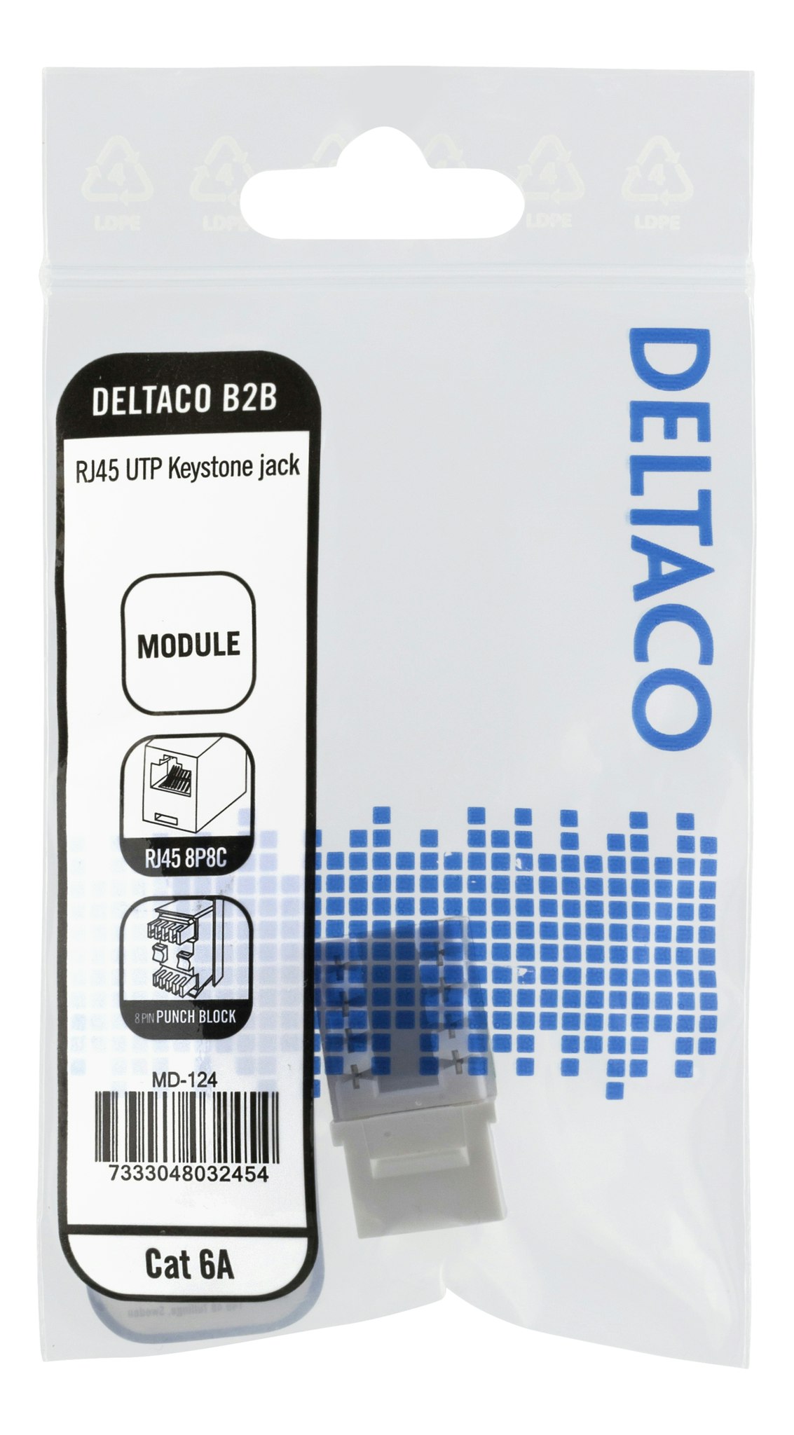 Deltaco Cat6A Keystone jack, LSA/110 termination, plastic, 90, white