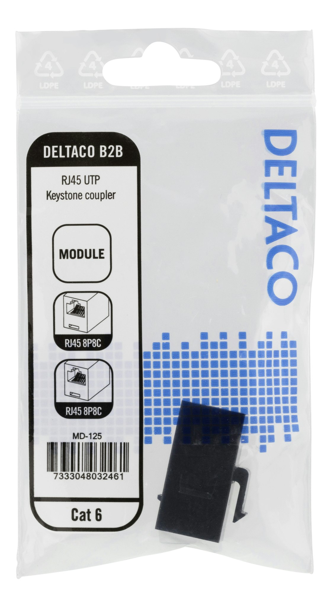 Deltaco Cat6 Keystone coupler, unshielded, 2xRJ45, plastic, 180, white