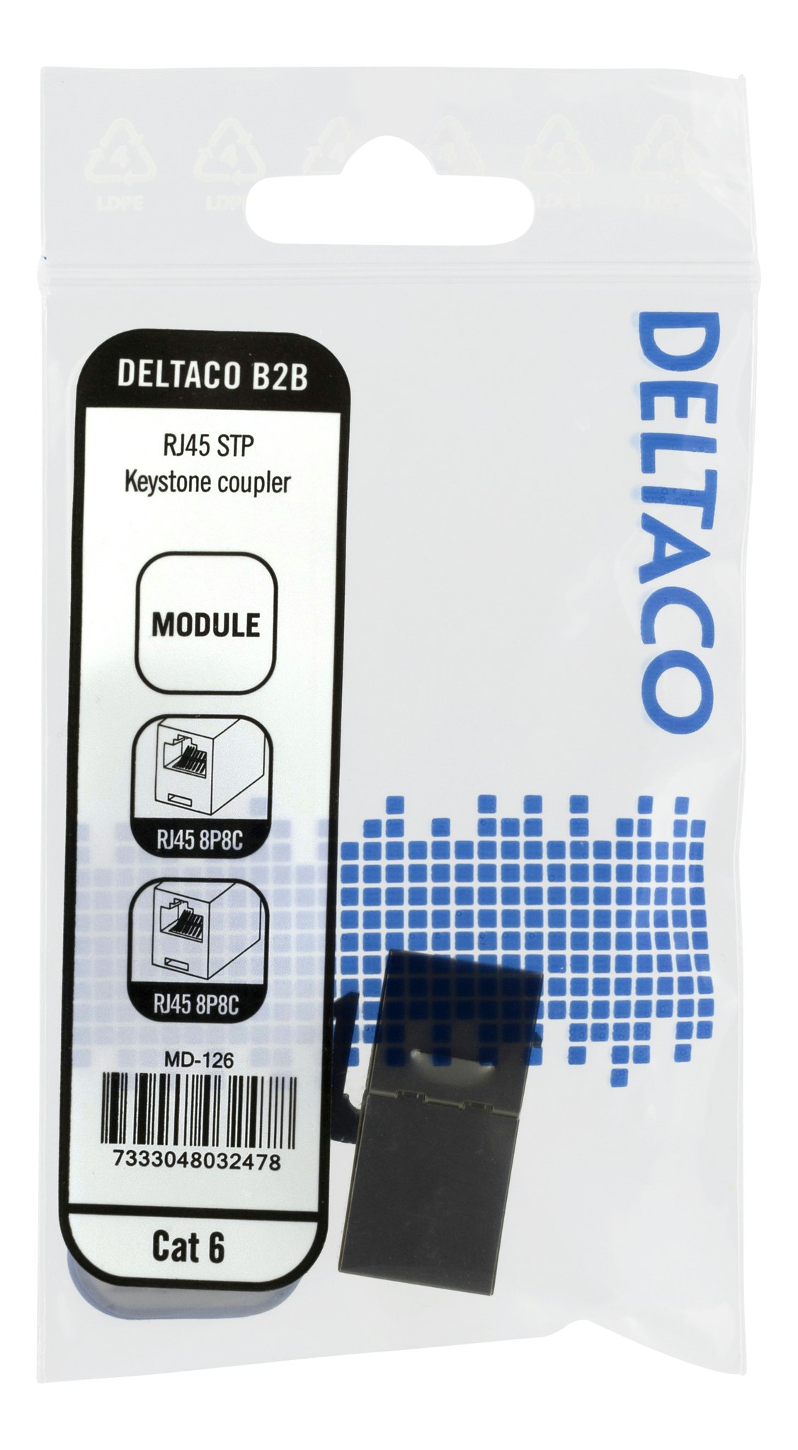 Deltaco Cat6 Keystone coupler, shielded, 2xRJ45, plastic, 180, metal