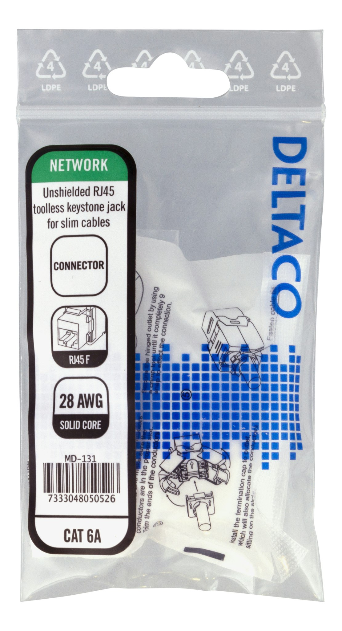 Deltaco UTP Cat6a Keystone connector, unshielded, 28AWG, slim, "Tool-free"