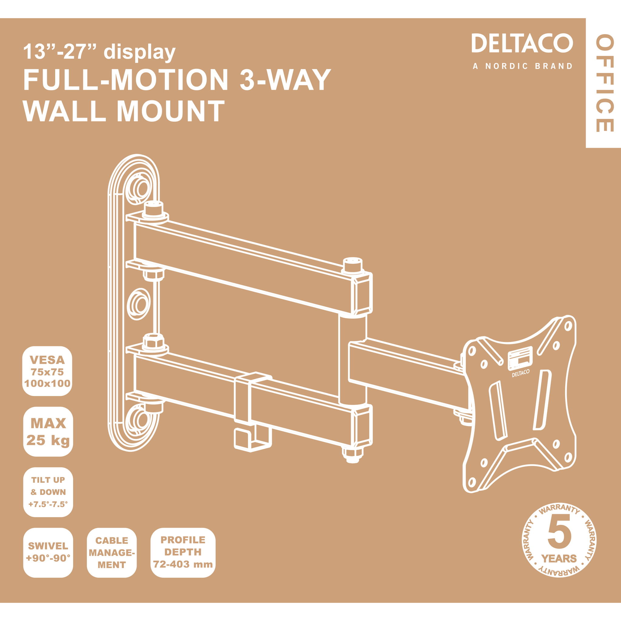 Deltaco Fullt bevegelig veggfeste med arm, 13"-27", 25 kg, svart
