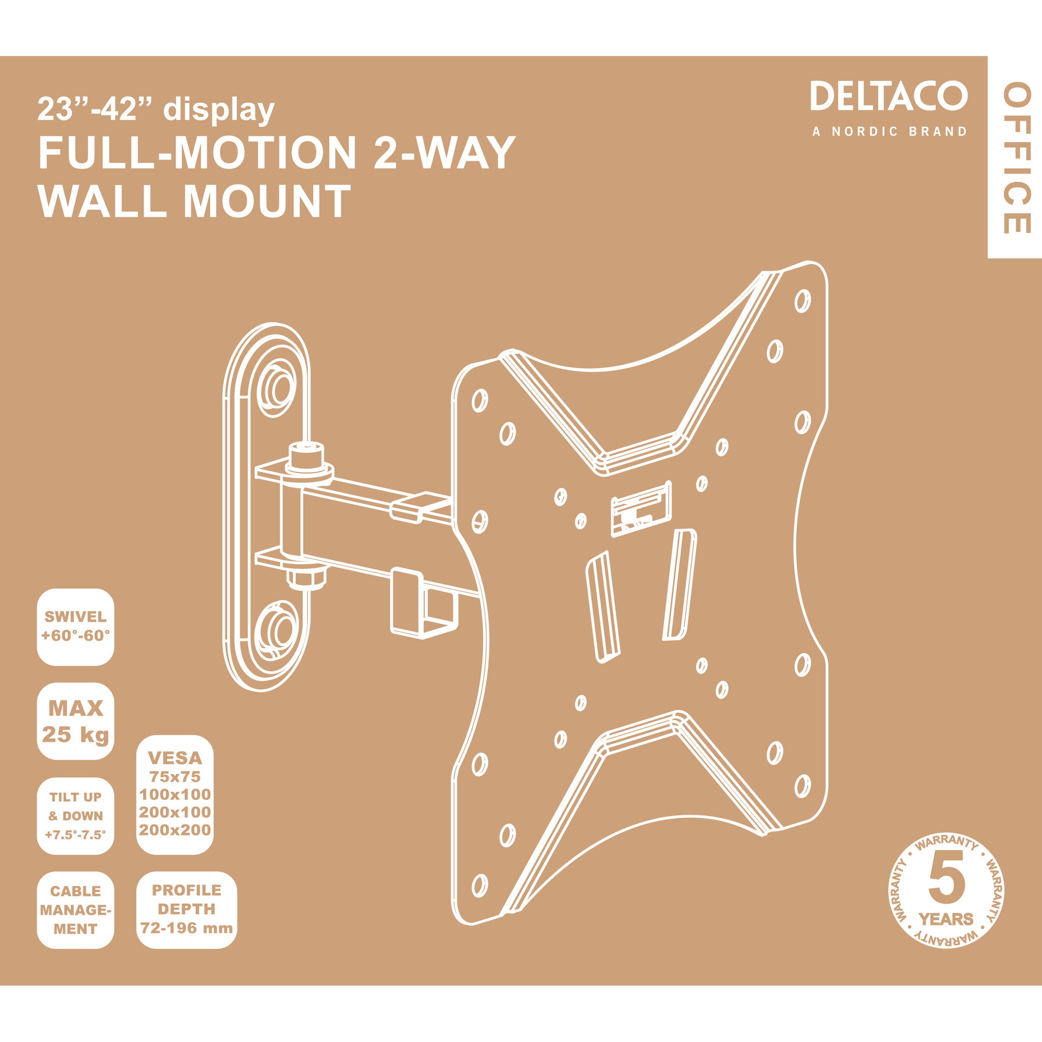 Deltaco OFFICE Fullt bevegelig veggfeste, tilt, sving, 23"-42", 25 kg, svart