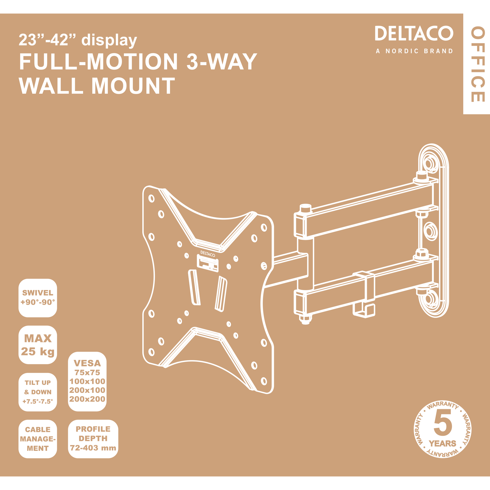 Deltaco Fullt bevegelig veggfeste med arm, tilt, sving, 23"-42", 25 kg, svart