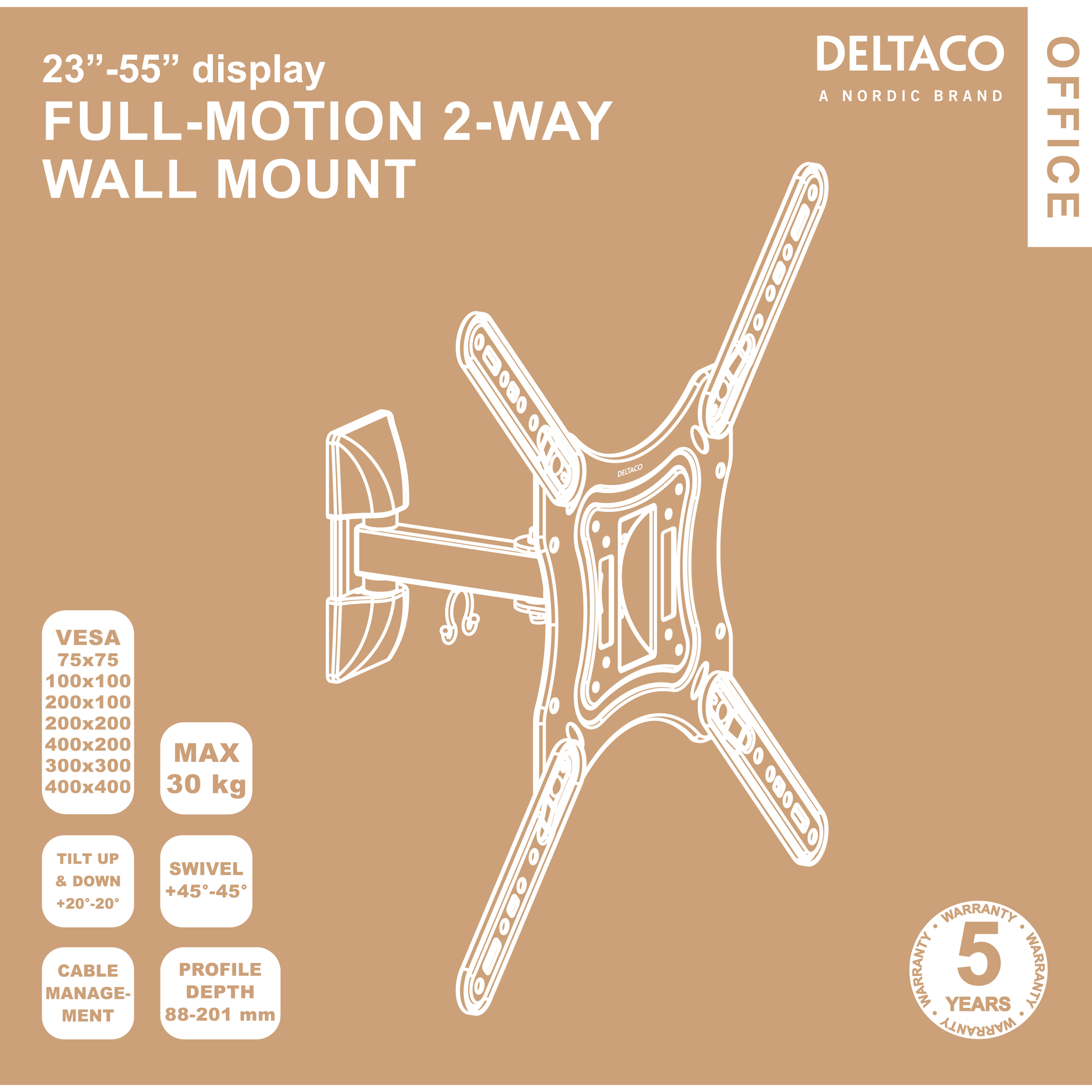 Deltaco Fullt bevegelig veggfeste, tilt, sving, 23"-55", 30 kg, svart