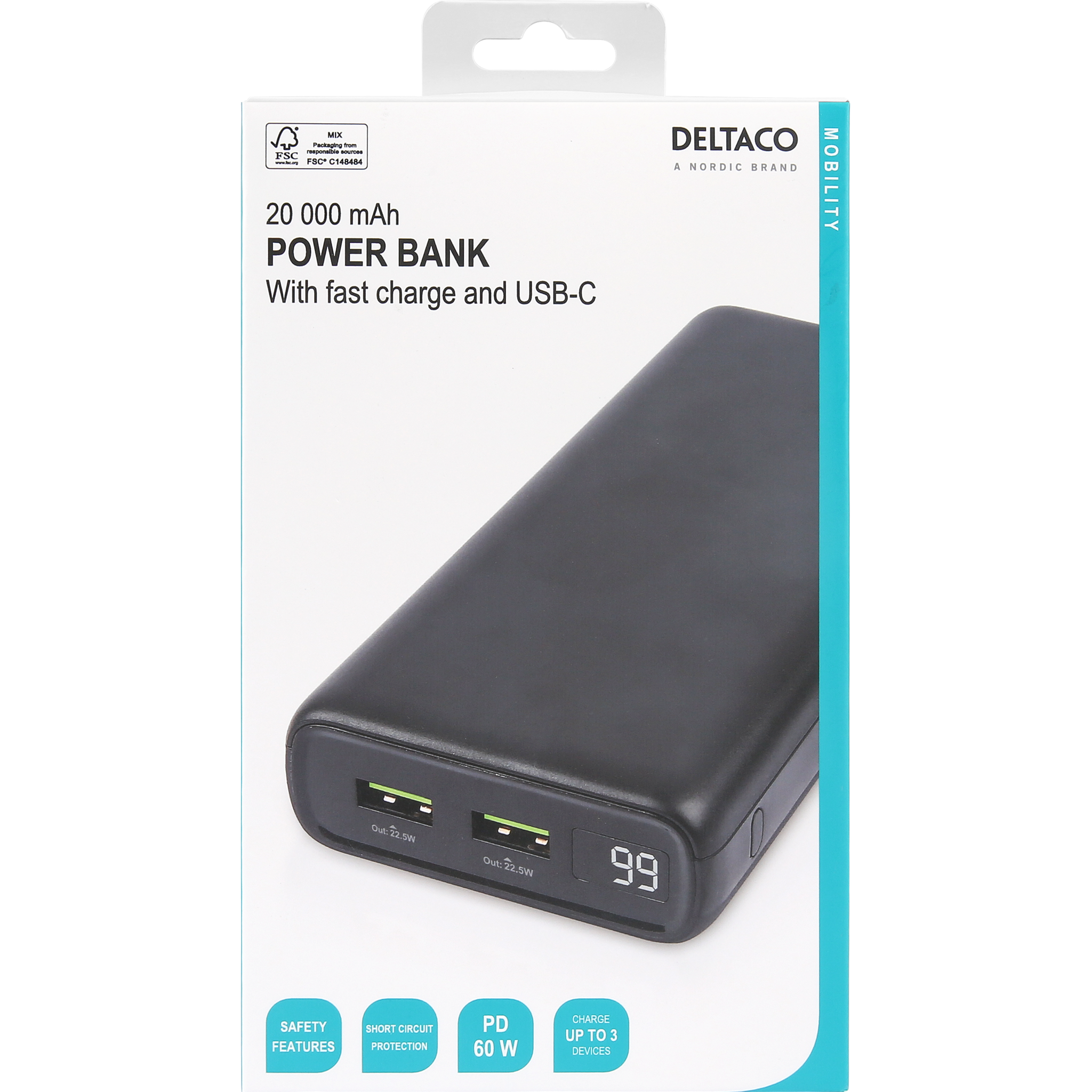 Deltaco Power bank med hurtiglading og 60 W PD, 20 000 mAh, 1 x USB-C og 2 x USB-A, svart
