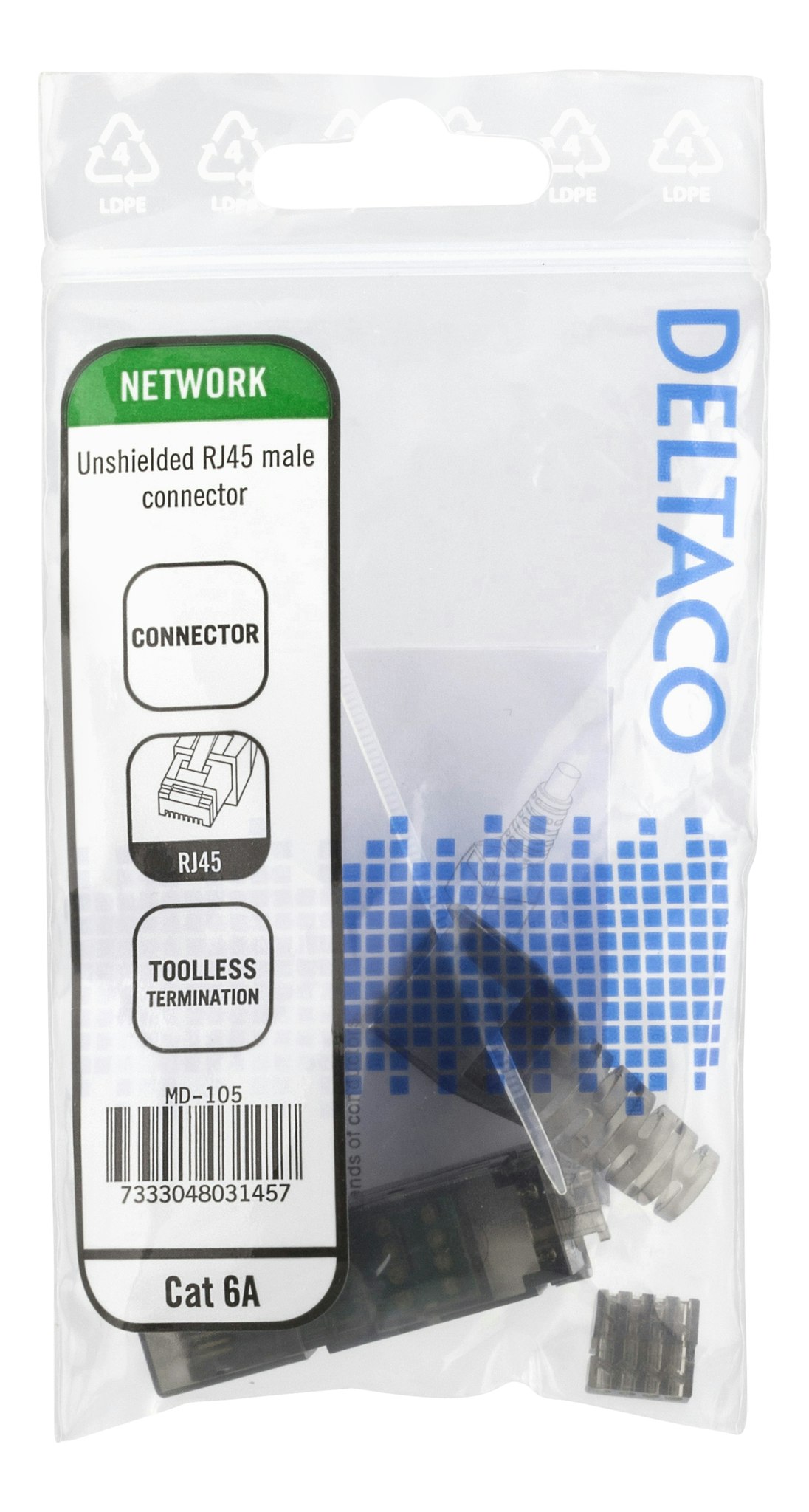 Deltaco RJ45 plug Cat6A, unshielded, tool-less, grey