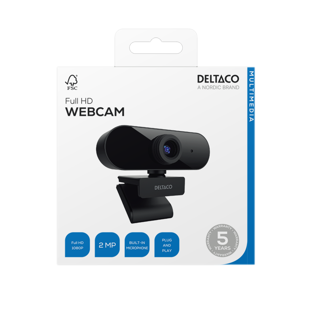 Deltaco Full HD-webkamera med 360° rotasjon, vippes opp/ned, 2MP, svart