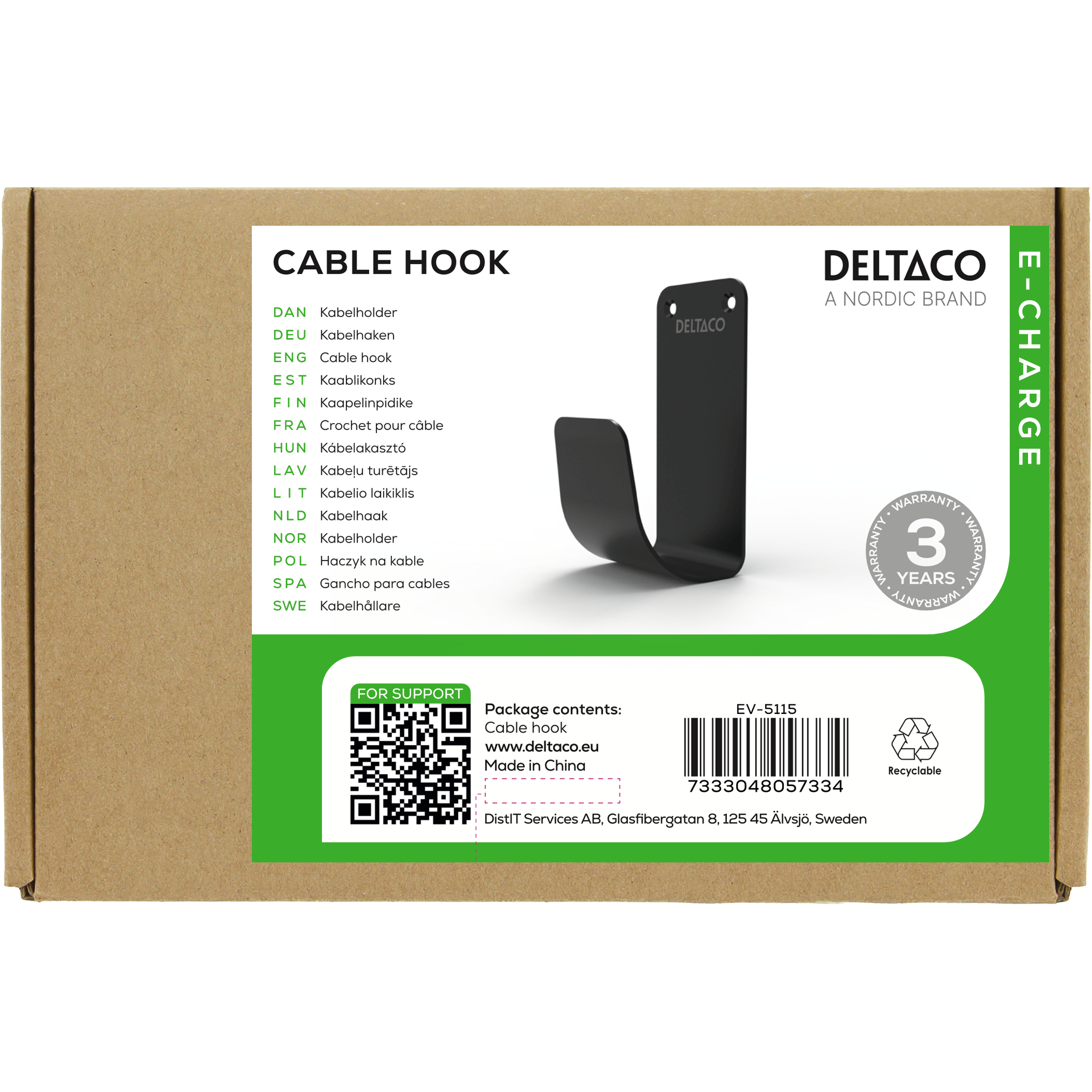 Deltaco e-Charge Kabelkrok, Rustfritt stål SS304, svart