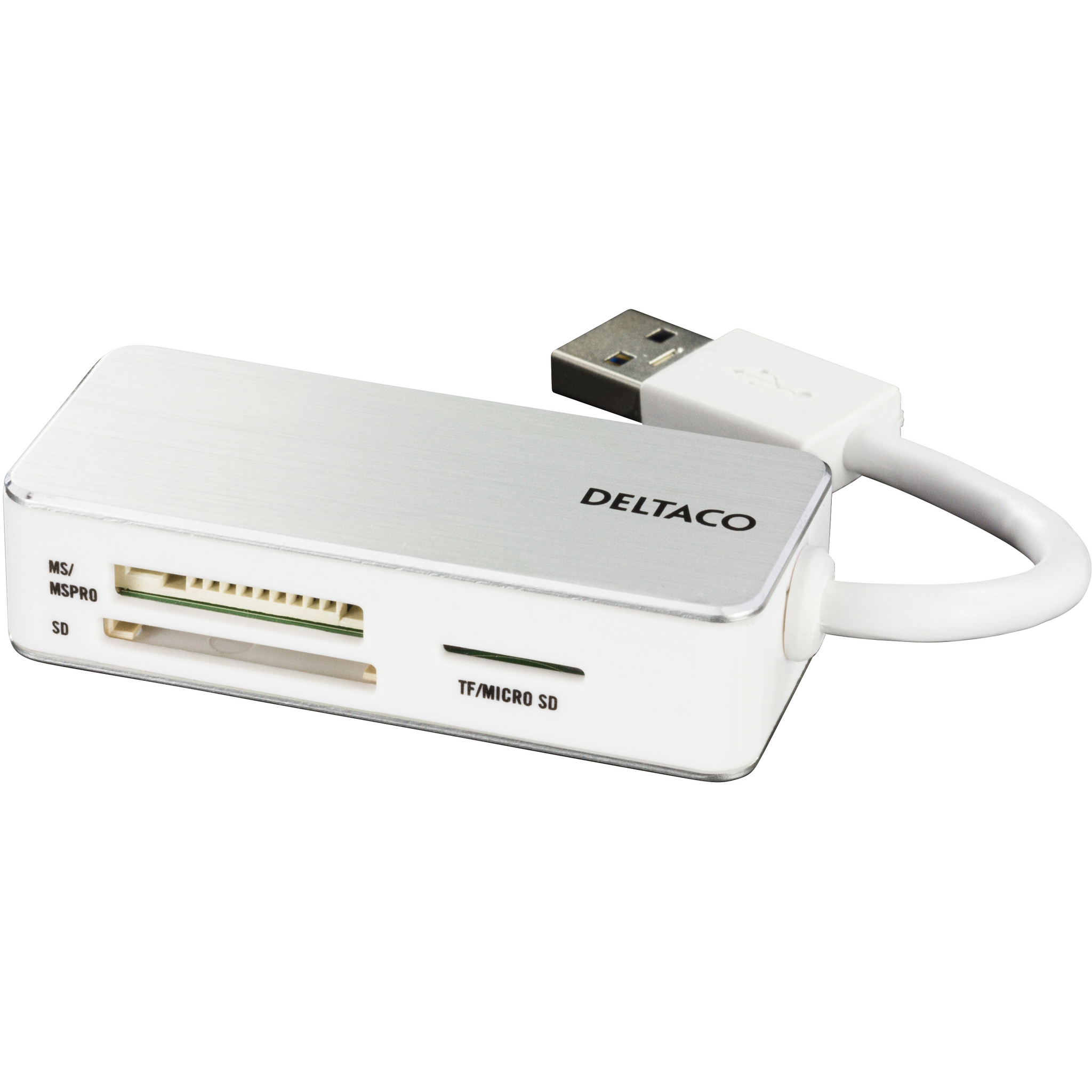Deltaco USB Minnekortleser med 3 spor, hvit/sølv