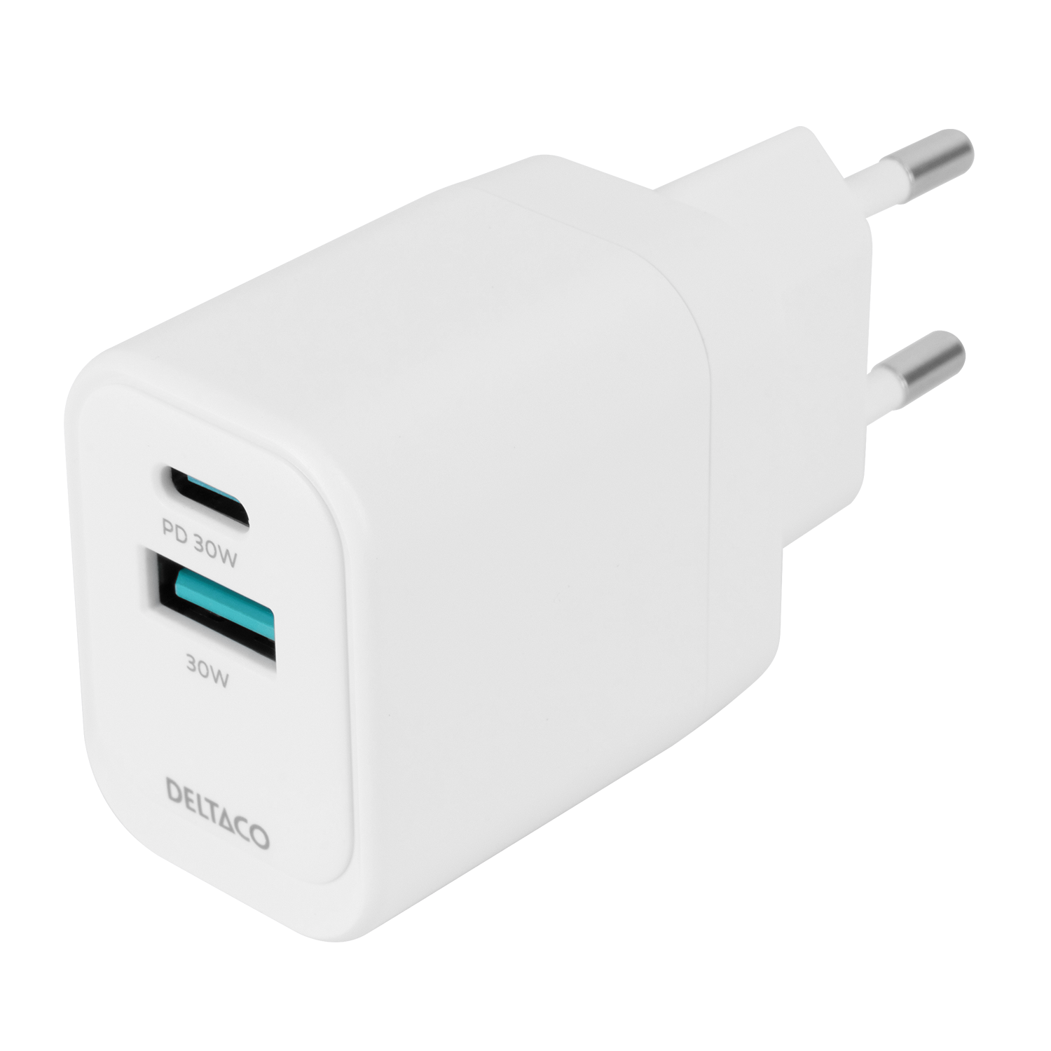 Deltaco USB GaN wall charger 1x USB-A 18, W 1x USB-C PD 30 W, PPS