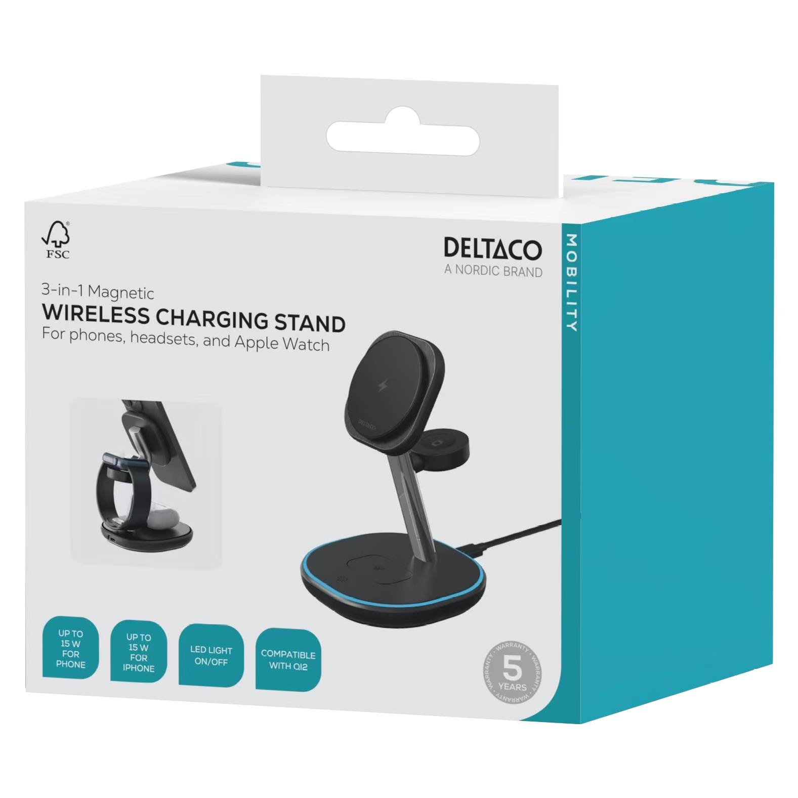 Deltaco 3-i-1 magnetisk trådløst ladestativ, iPhone/TWS/Watch, LED-lys