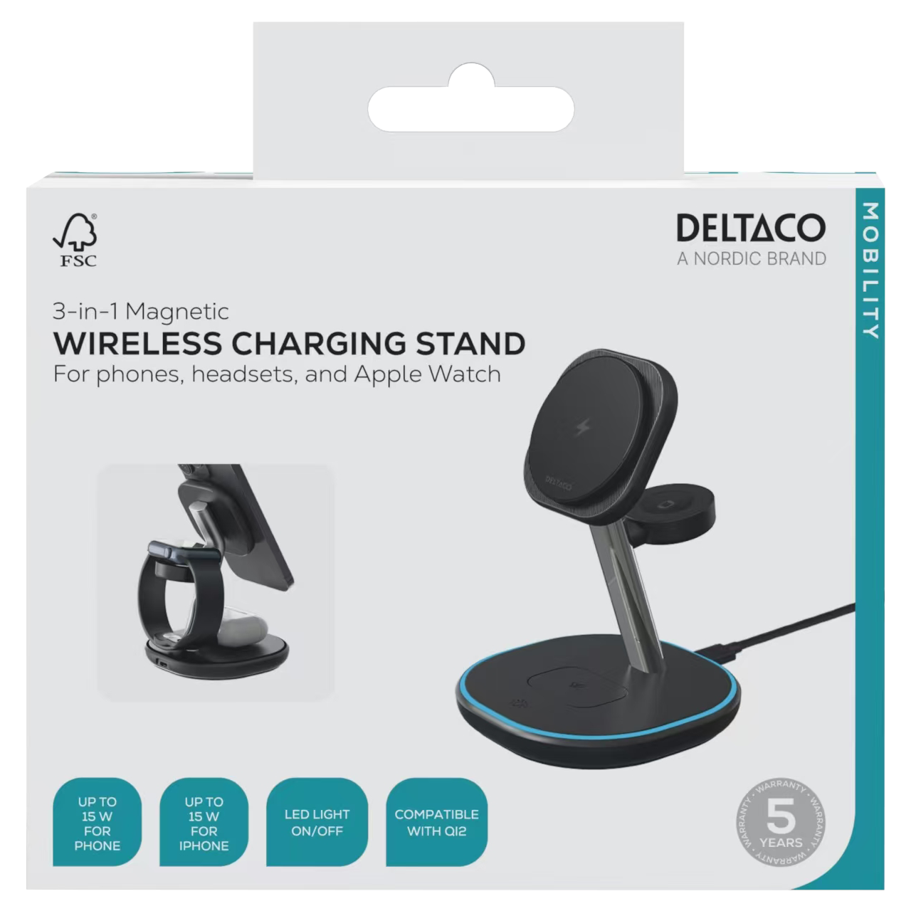 Deltaco 3-i-1 magnetisk trådløst ladestativ, iPhone/TWS/Watch, LED-lys