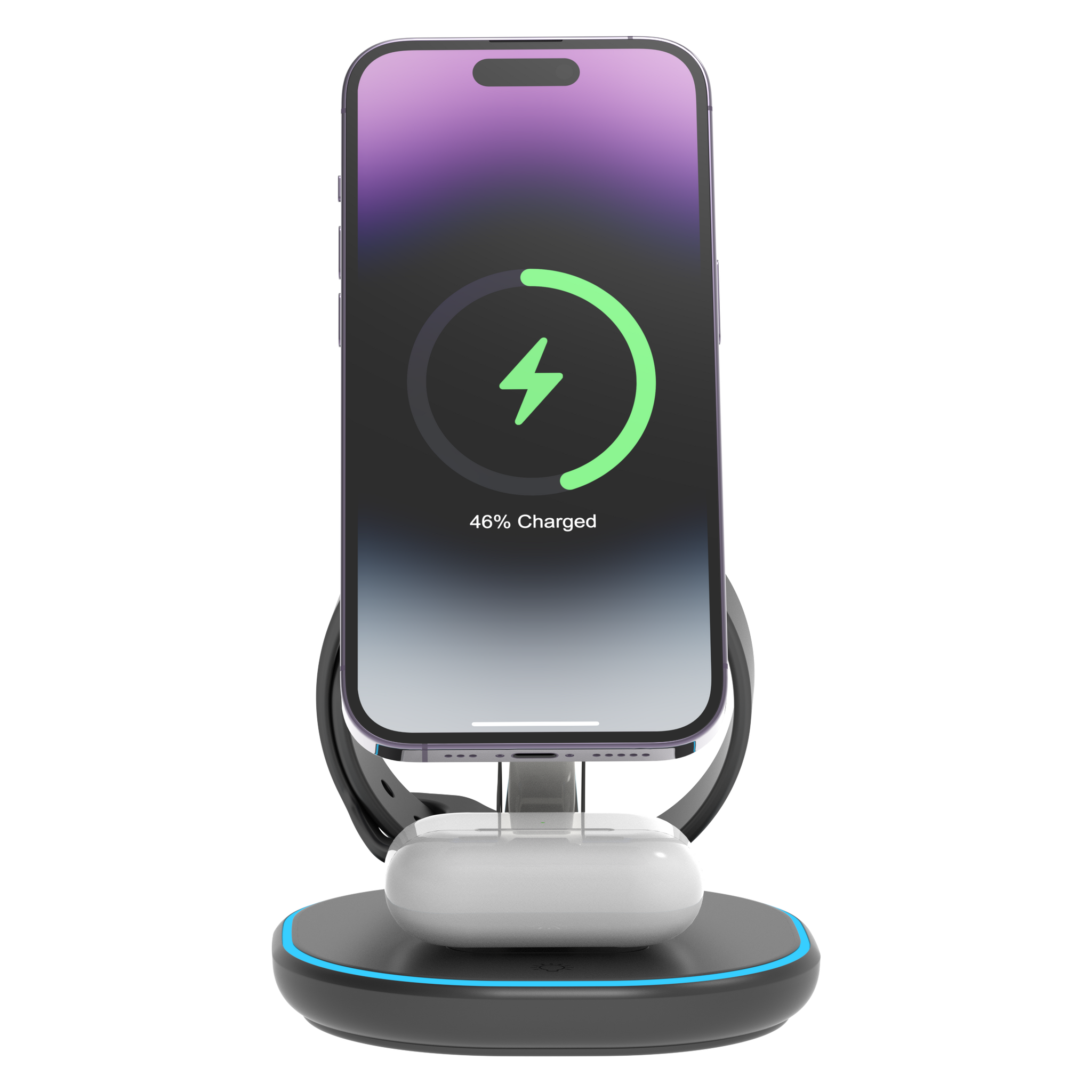 Deltaco 3-i-1 magnetisk trådløst ladestativ, iPhone/TWS/Watch, LED-lys
